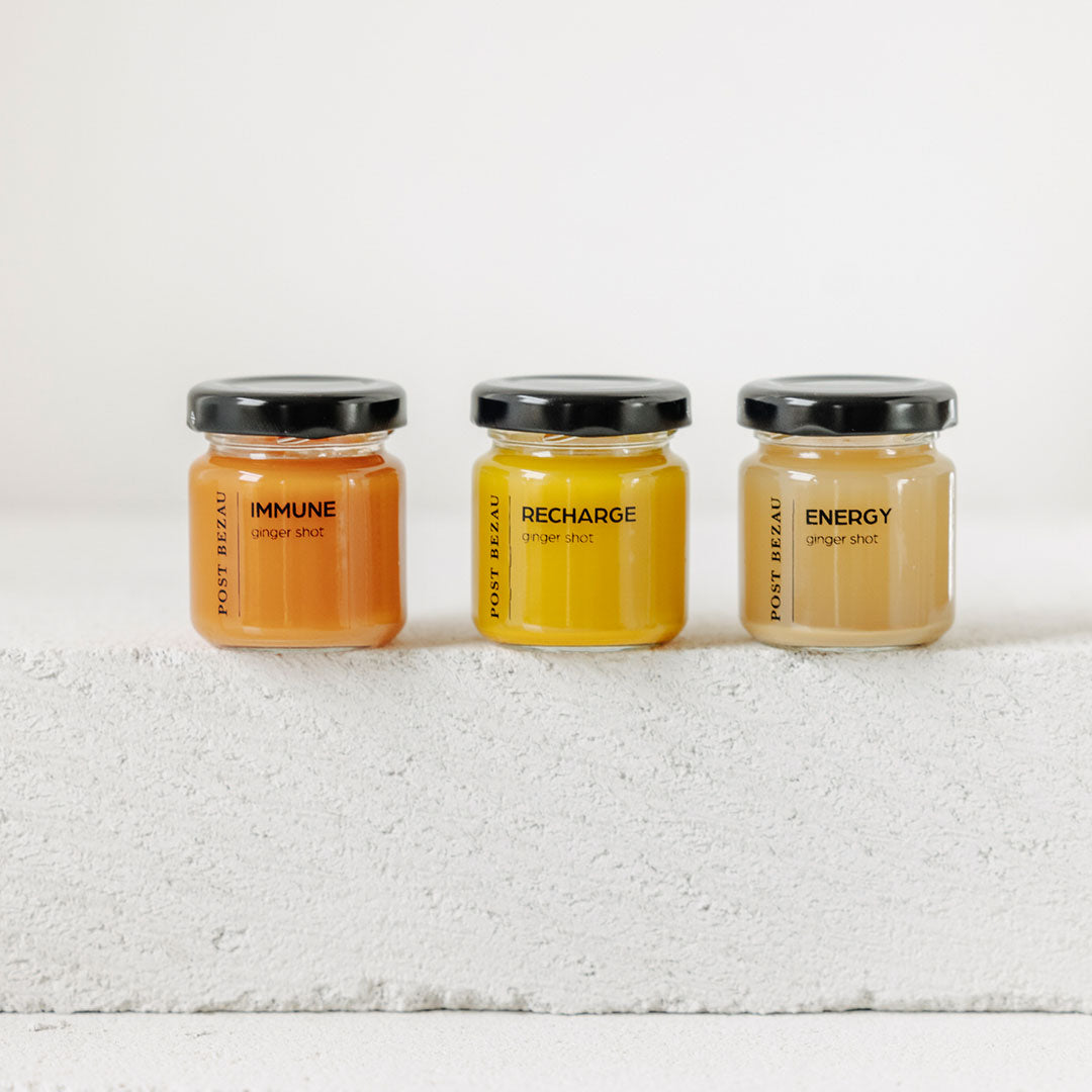 POST BEZAU JUICE Ginger Shot Immune mit Ginger Shot Recharge und Ginger Shot Energy